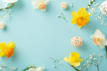 Experience the joy of spring with daffodils and gypsophila in full bloom. Top-down shot captures the allure of white and yellow flowers on soft pastel blue backdrop, perfect for text or advertisement