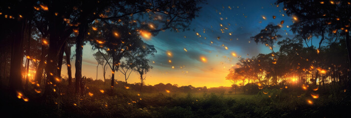Mystical forest at dusk with glowing fireflies and a vibrant sunset