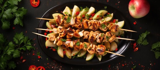 Top view of chicken skewers with apple slices and chili.