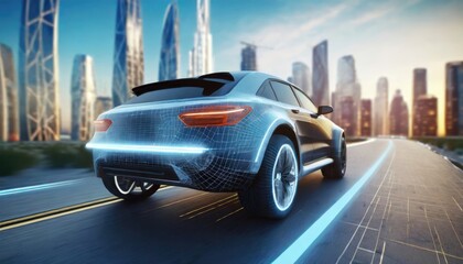 Riding wireframe car concept on the road and futuristic city on the background