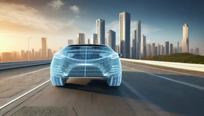 Riding wireframe car concept on the road and futuristic city on the background