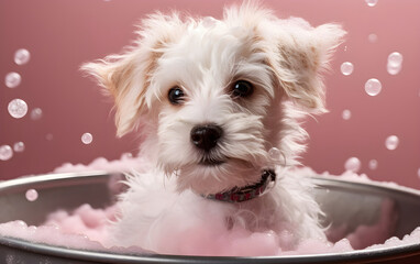 Cute puppy dog in a bathtub, Generative AI