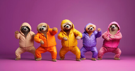 Funny sloth group as dance squad dancing with hoodies