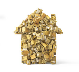 Moving concept. Pile of cardboard boxes in shape of house. 3d illustration