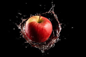 Fresh Red Apple falling from above with water splashes on a black background.