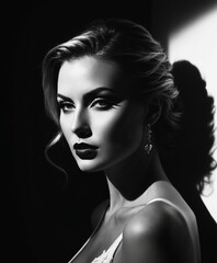 professional black and white model photography, dramatic lighting,