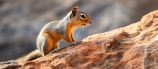 Obraz premium The squirrel perches on the rock and watches its surroundings.