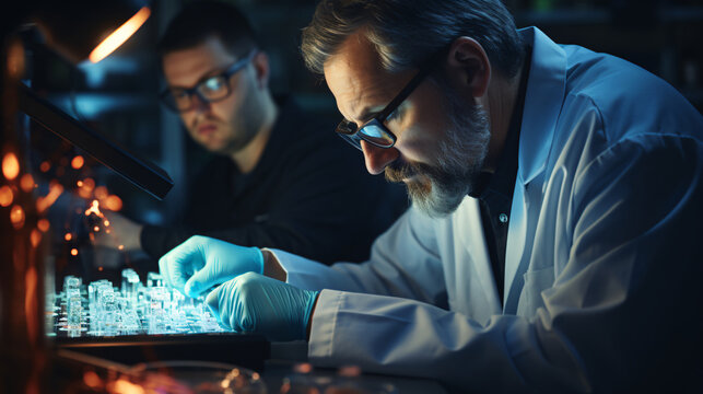 a scientist in a white coat and a student conduct research in your laboratory