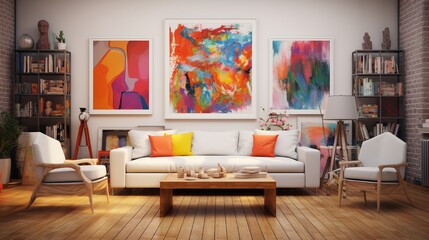 Artistic haven in this living room, creative clutter, vibrant artworks, and a blank frame patiently waiting for your masterpiece to complete the ensemble.
