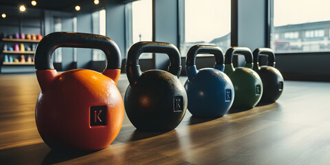Kettlebells in a Row background, Fitness Equipment Background