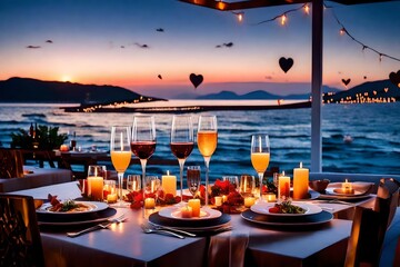 Luxury romantic candlelight dinner table setup for couple in ocean view restaurant on Valentine's day with Champaign