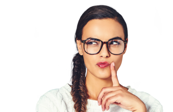 Woman, idea or glasses for thinking of project proposal, consultant or brainstorming solution. Young person, serious or thought in problem solving in eyewear or isolated on transparent png background