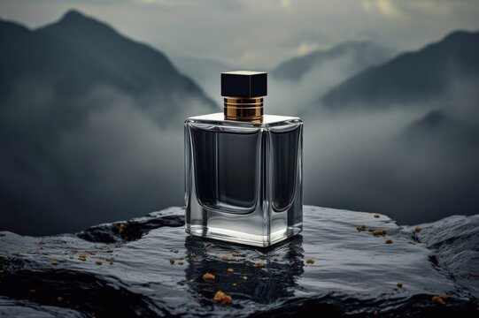 perfume on mountain, product presentation, mockup , showing,