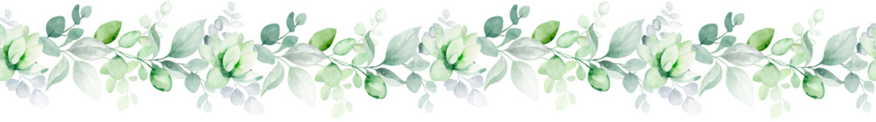 Greenery floral seamless border. Watercolor botanical foliage boundary on isolated background. Flower decoration for wedding design and invitations. © Elena