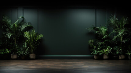 A dark wall and an empty room, with only plants on the floor - obrazy, fototapety, plakaty