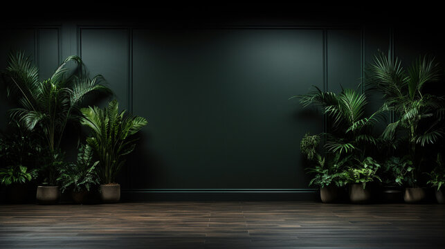 A Dark Wall And An Empty Room, With Only Plants On The Floor. AI Generated.