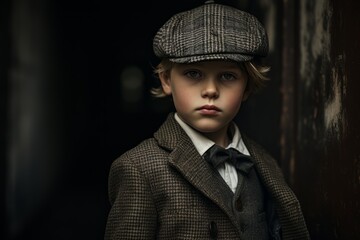 Portrait of a boy in a coat and cap. Retro style.