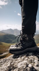 Close-up of hiking boots against a backdrop of mountains and nature. A person engages in hiking and outdoor activities, exploring scenic trails and embracing adventure.