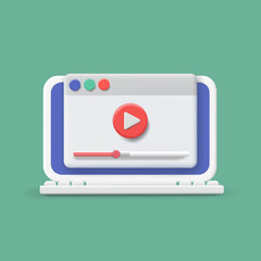 Video tutorials icon concept. Browser with Video player on Laptop screen. Conference and webinar. 3d vector