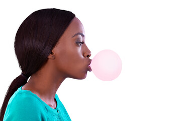 Isolated African woman, bubble and gum in profile for candy, retro and trendy style by transparent...