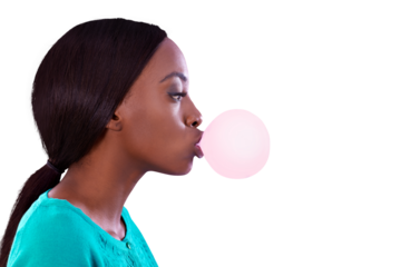 Isolated African woman, bubble and gum in profile for candy, retro and trendy style by transparent png background. Girl, model and person with memory, fashion or thinking with blow, sweets or color
