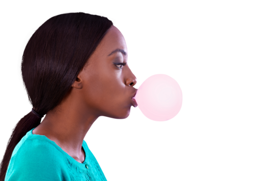 Isolated African woman, bubble and gum in profile for candy, retro and trendy style by transparent png background. Girl, model and person with memory, fashion or thinking with blow, sweets or color