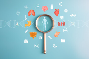 Magnifier focus on human with medical icons for medical healthcare and health insurance concept