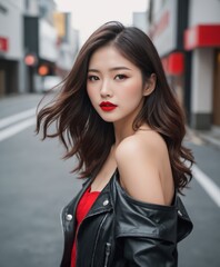 a asian woman with a red lipstick and black leather jacket on a city street 