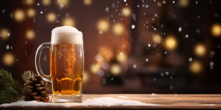 Beer in mug on wooden table with christmas lighting background .  Mug Glowing Against a Christmas Lighting Backdrop .
