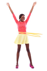 Hula hoop, excited and young black woman with smile playing for having fun and entertainment. Retro, color outfit and African female person with exercise tool isolated by transparent png background.