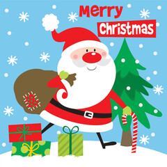 Cute Santa Claus with Candy Cane and Christmas Tree