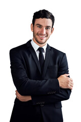 Fashion suit, arms crossed and business portrait of happy man, realtor or property developer...