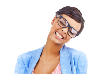 Frustrated face of woman with glasses, anger and thinking, isolated on transparent png background. Stress, anxiety and annoyed girl with burnout, pain or confused expression for risk, mistake and cry