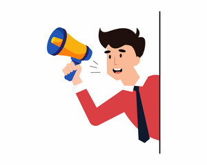Fototapeta premium Male HR announcement into megaphone about hiring and recruitment for Vacant seats vector illustration.