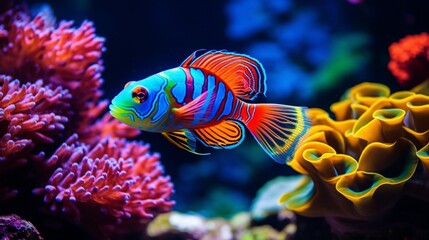 A Mandarin Fish gracefully swimming amidst the vibrant coral, its vibrant colors shining in full ultra HD.