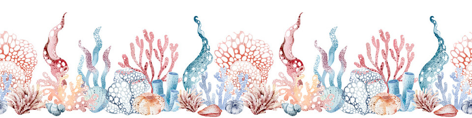 Underwater sea border. Watercolor corals and seashells on isolated background for banner. Flora of the ocean marine nature.  Undersea horizontal ornament. © Elena