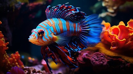 A Mandarin Fish in its natural habitat, surrounded by rich aquatic life, captured in full ultra HD.