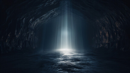 Dark hole or underground tunnel with shining light - obrazy, fototapety, plakaty