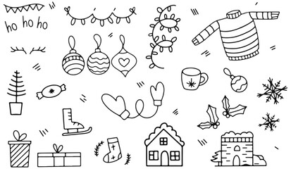 Winter set of Christmas design elements in doodle style.