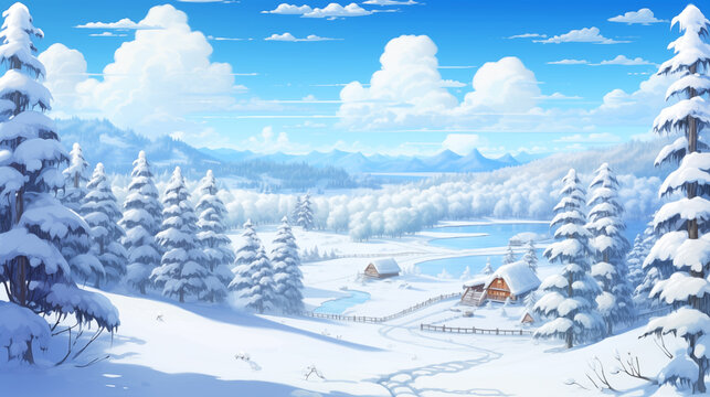 Winter village snowy landscape with pines forest and hills on background. Comic paint style.