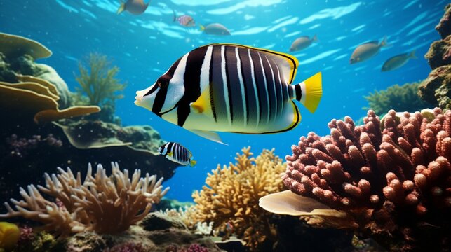 A Moorish Idol basking in the dappled sunlight of a tropical reef, its features brought to life in vibrant