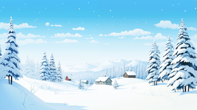 Winter village snowy landscape with pines forest and hills on background. Comic paint style.