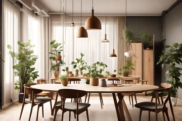 Fototapeta na wymiar Stylish and botany interior of dining room with design craft wooden table, chairs, 