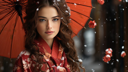 a girl in red Kimono with umbrella with white snow, Hokkaido, Japan. --ar 16:9 --style raw...
