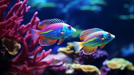 Fototapeta na wymiar A pair of Cirrhilabrus Fairy Wrasses displaying their vibrant colors in crystal clear waters.