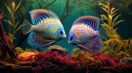 A pair of Discus Fish engaged in an elegant courtship dance, set against a backdrop of