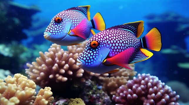 A pair of Blue Jaw Triggerfish (Xanthichthys auromarginatus) engaged in a graceful courtship dance, surrounded by colorful coral formations.