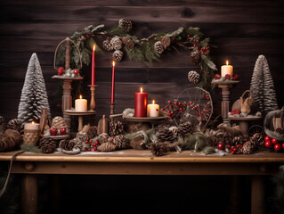 Rustic wooden table adorned with tastefully arranged Christmas decorations, showcasing festive ornaments, pinecones, and twinkling fairy lights - Generative AI