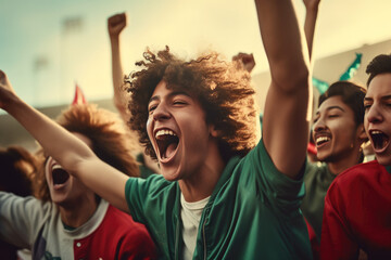 A group of teenagers are cheering for sports, looking excited