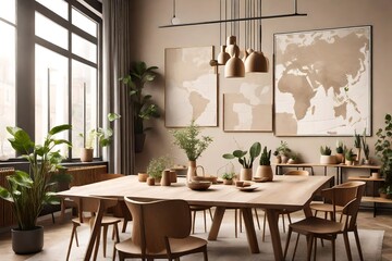 Stylish and botany interior of dining room with design craft wooden table, chairs,  - obrazy, fototapety, plakaty